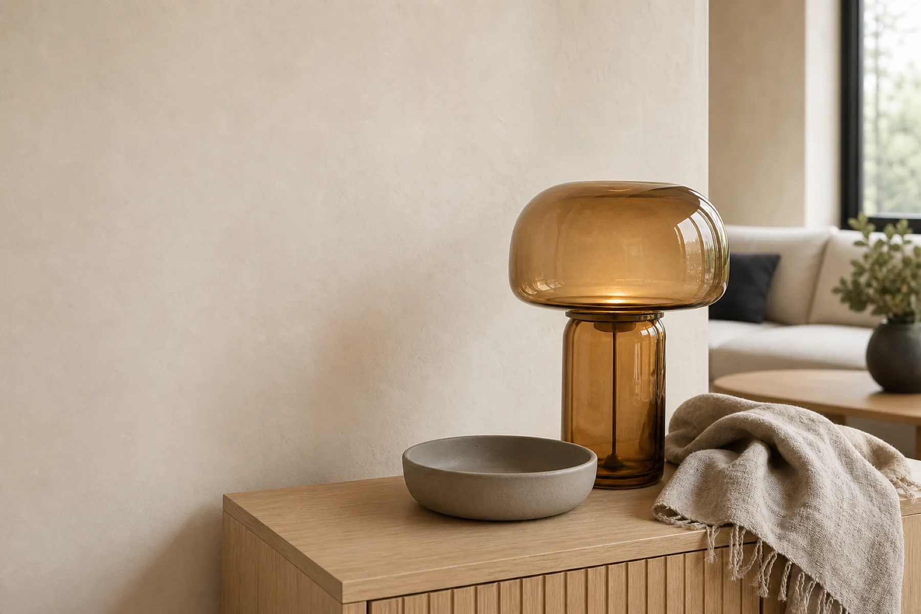 Amber lamp, ceramic tray, and natural linen throw in a quiet living room